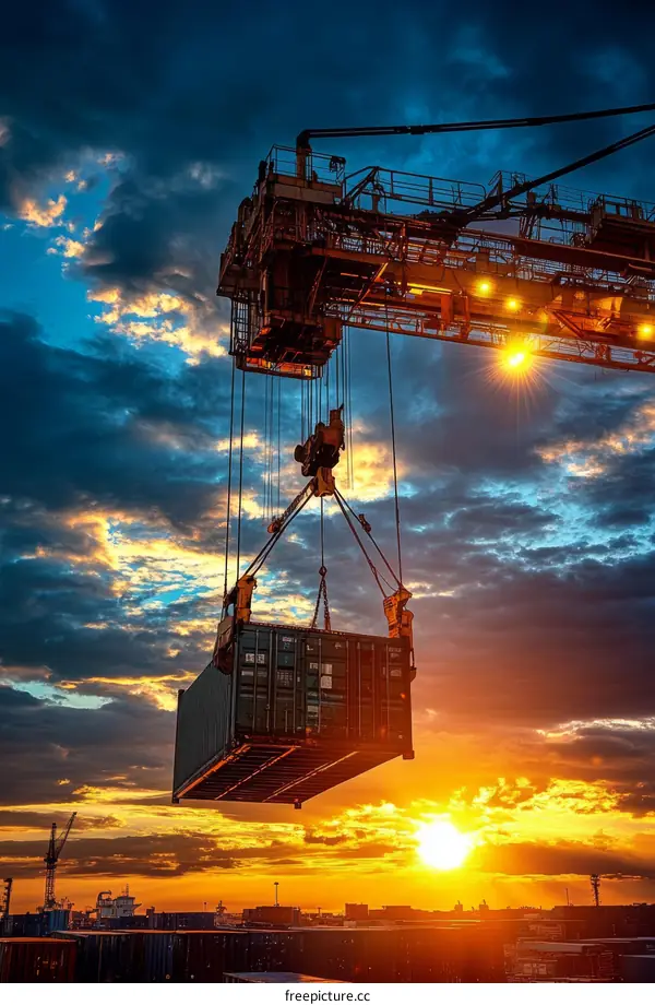 Sunset Cargo Crane Lifting Container