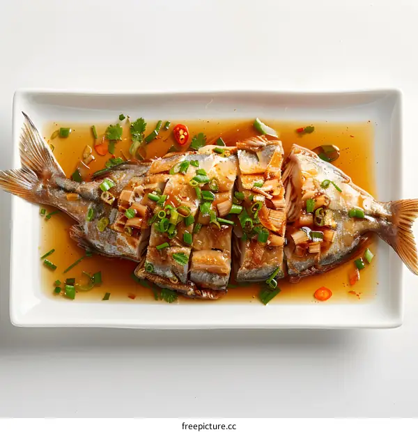 Steamed Fish with Soy Sauce on White Plate