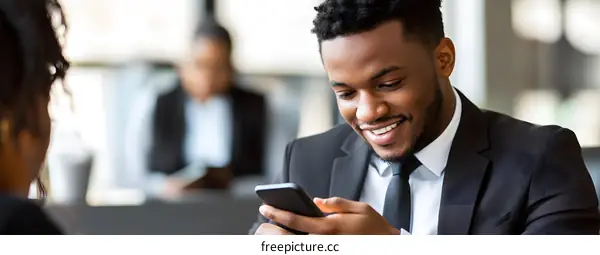 Smiling Black Businessman Using Smartphone During Meeting