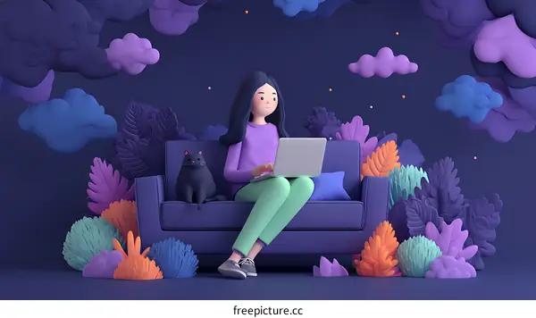 Woman Working from Home with Laptop and Cat