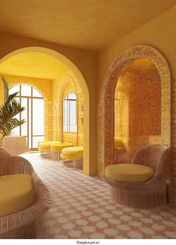 Yellow Interior Design With Archway and Wicker Chairs