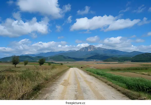 Dirt road leading to mountains under a cloudy sky