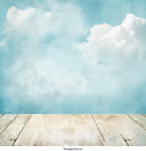 Blue sky and white clouds with wooden floor