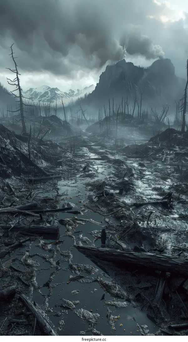 Post-apocalyptic landscape with solitary survivor