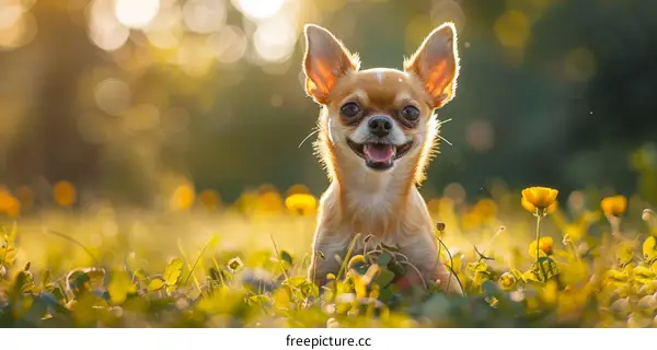A Happy Chihuahua Sitting in a Field of Yellow Flowers