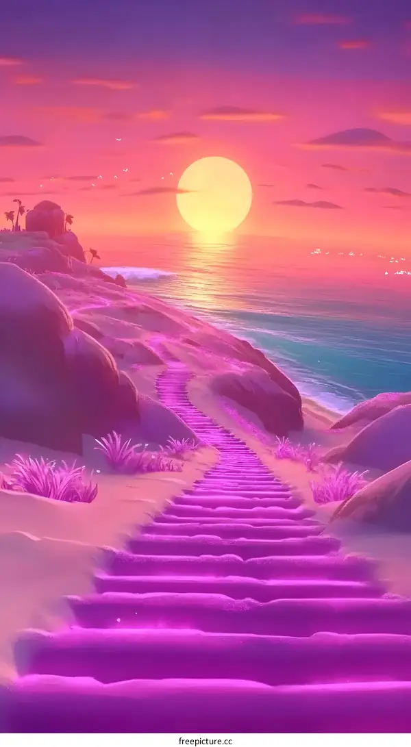 Pink Sunset Stairway Leading to the Ocean