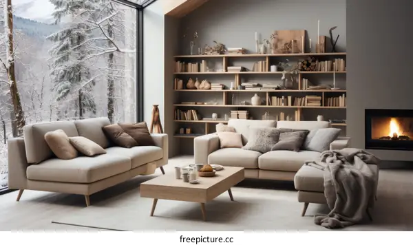 A cozy living room with a fireplace and a view of the snowy forest
