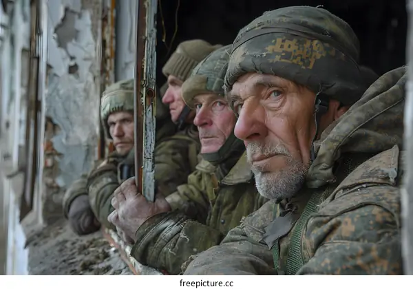 A group of men in military uniform look out of a window