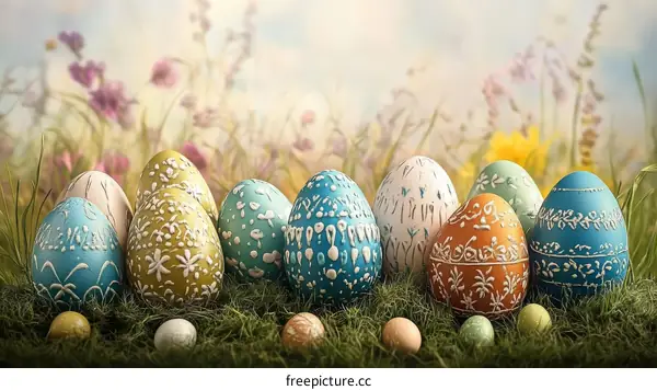 Colorful Easter Eggs in a Spring Meadow