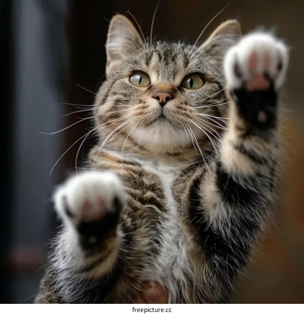 Playful Tabby Cat Reaching Out with Paws