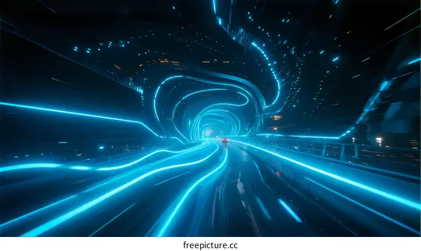 Futuristic Light Trails in Abstract Digital Tunnel