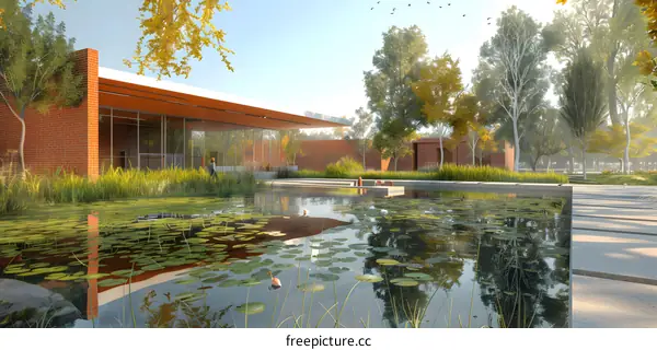 Modern Architecture with Reflection Pond and Green Trees in Autumn