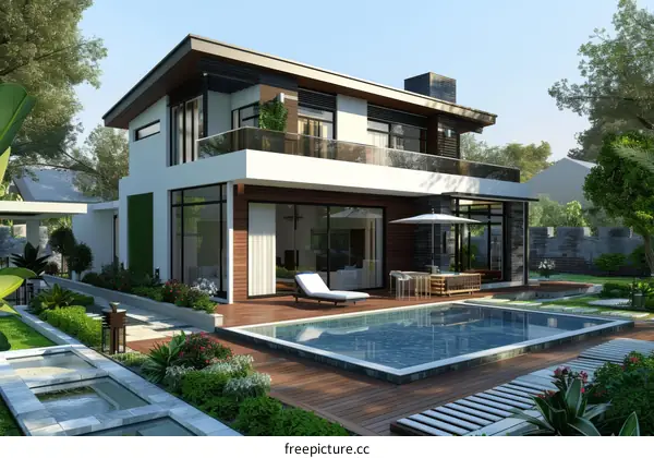 A modern house with a pool and a garden