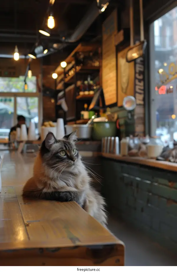 A gray cat sitting on a wooden table in a cafe