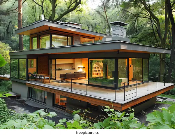 Modern House With Large Windows In Forest