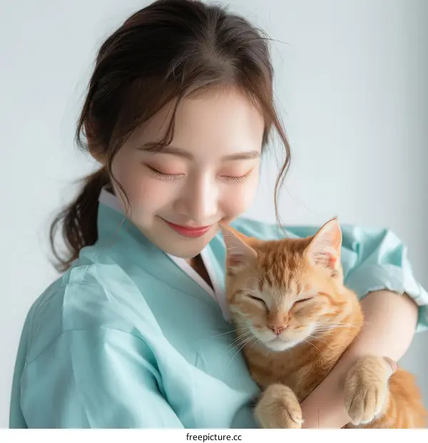 A young woman in a blue kimono is holding an orange cat.