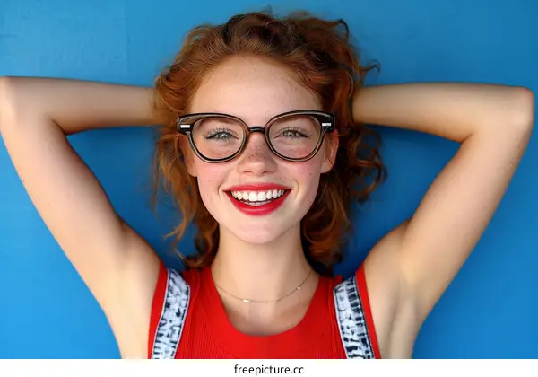 Smiling Woman with Red Hair and Glasses against Blue Background