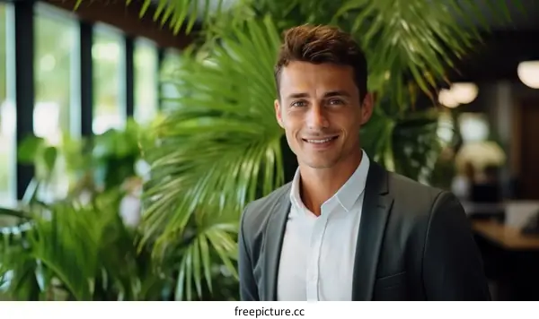 Confident young businessman standing in front of tropical plants