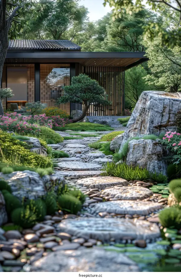 A modern courtyard with a Zen garden