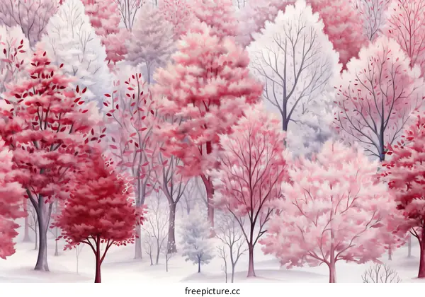 An illustration of a pink and white winter forest