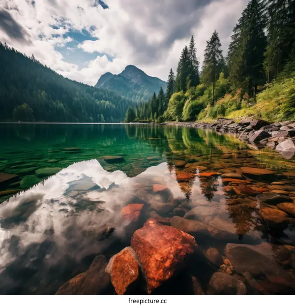 Stunning crystal clear mountain lake reflecting the sky and the surrounding mountains and forests