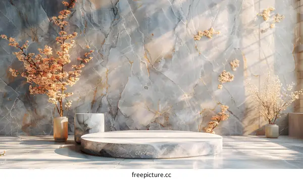 Marble texture background with geometric cylinder display stand