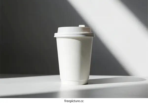 White disposable coffee cup on a plain surface with light shadows