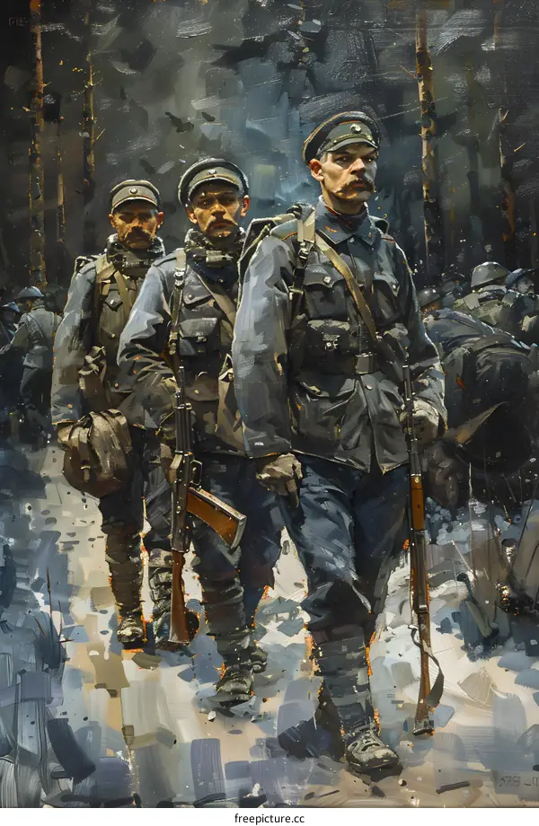 Three soldiers in the woods during World War I