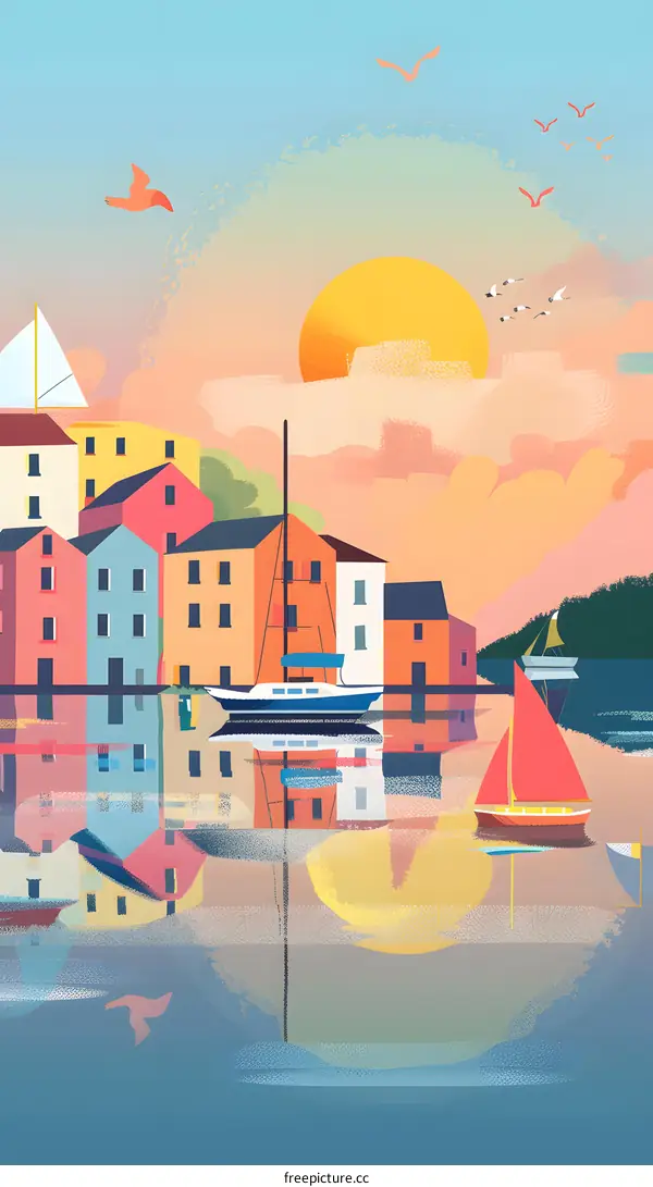 Sunset Over Colorful Coastal Town with Boats