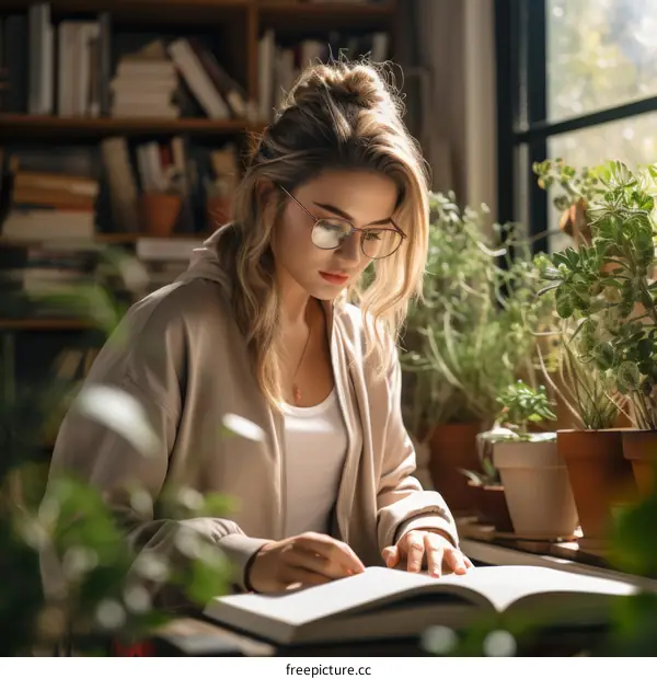 Young woman reading a book in a library