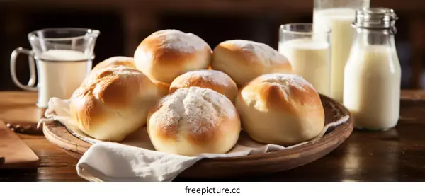 Freshly Baked Bread Rolls with Milk