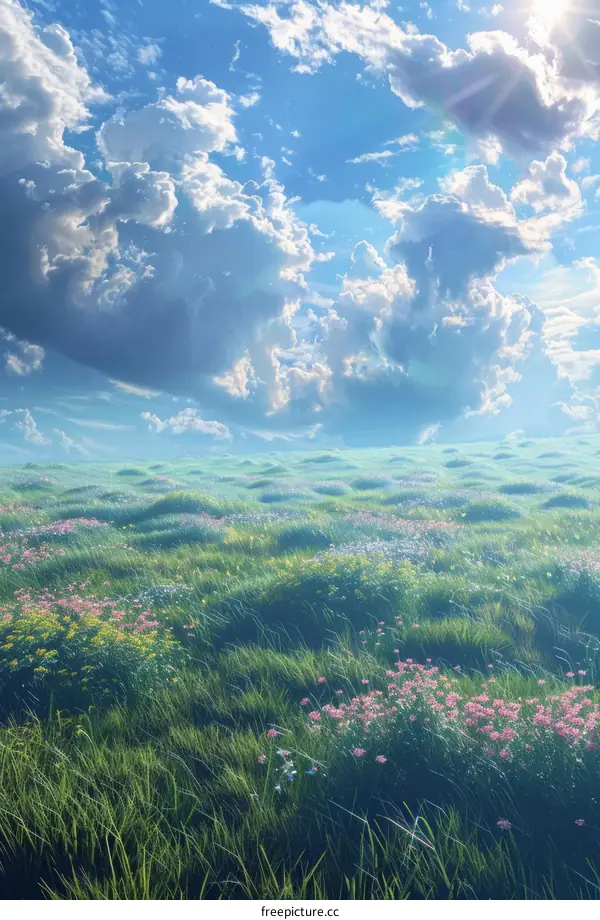 Green Grass Meadow with Flowers Under Blue Sky