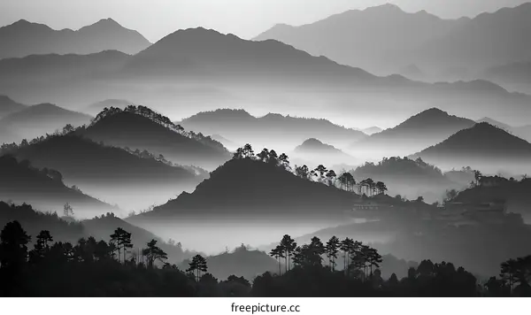 Misty Mountain Layers in Monochrome