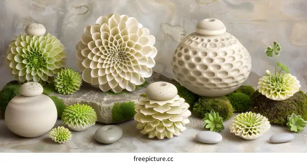 Decorative Ceramic Flowers and Stones Still Life