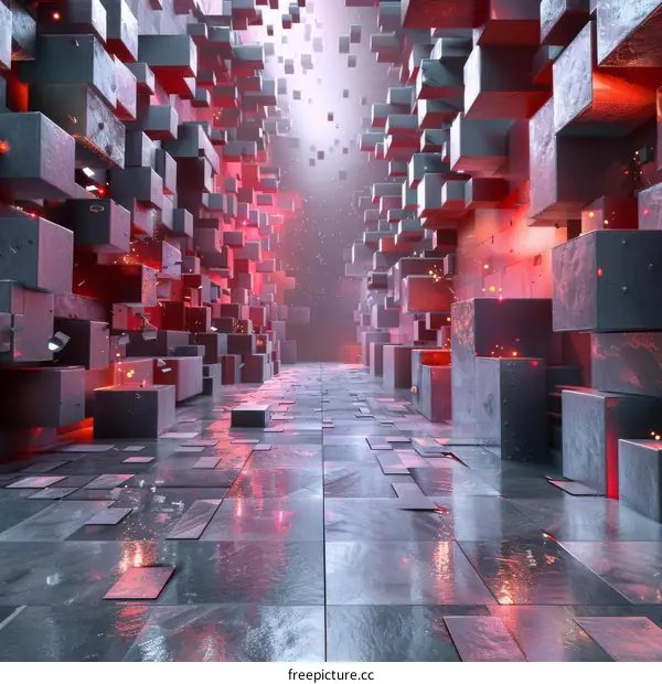 Glowing red and gray cubes form a futuristic tunnel