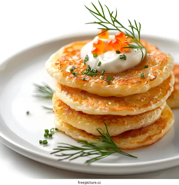 A stack of three potato pancakes with sour cream and caviar