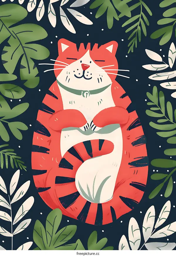 Cute Orange Cat Illustration with Green Leaves