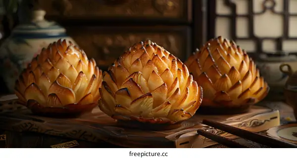 Three Golden Lotus Shaped Pastry on Wooden Tray
