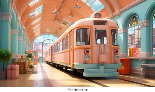 A pink and blue retro train sits in a station