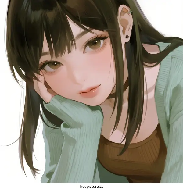 A Young Asian Girl with Long Dark Hair Leaning Her Cheek