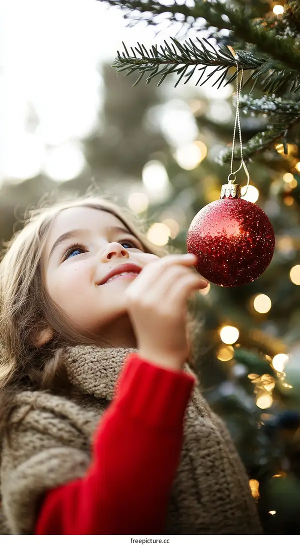 Girl Decorating Christmas Tree with Red Ornament