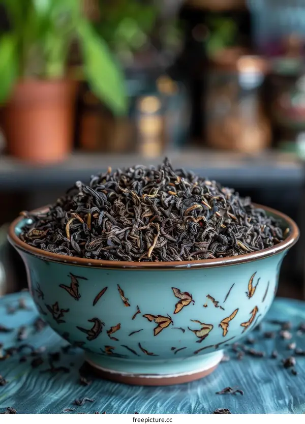 Black Tea Leaves in a Ceramic Cup