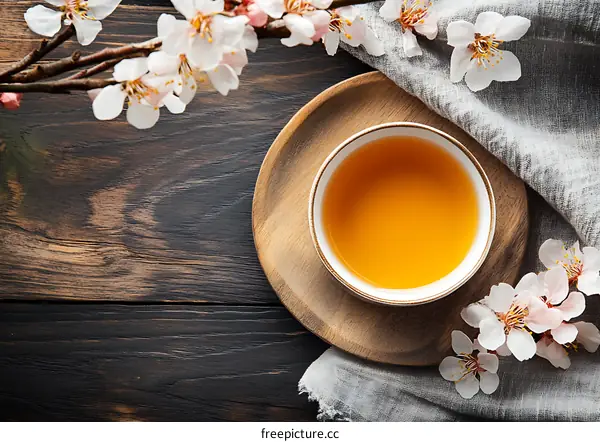 Close Up of a Cup of Tea With Flowers on a Wooden Table