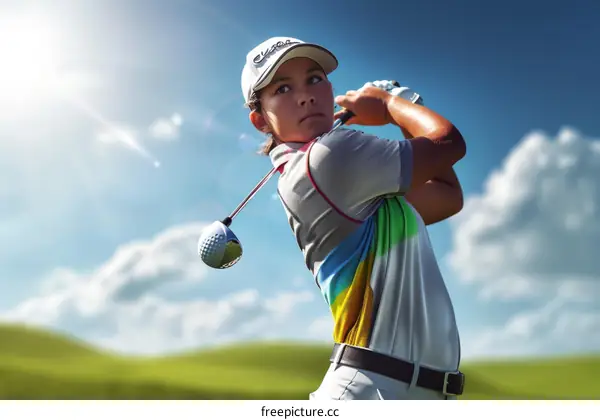 Young female golfer teeing off on a golf course