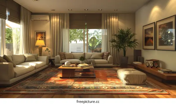 Spacious living room interior with furniture and plants.