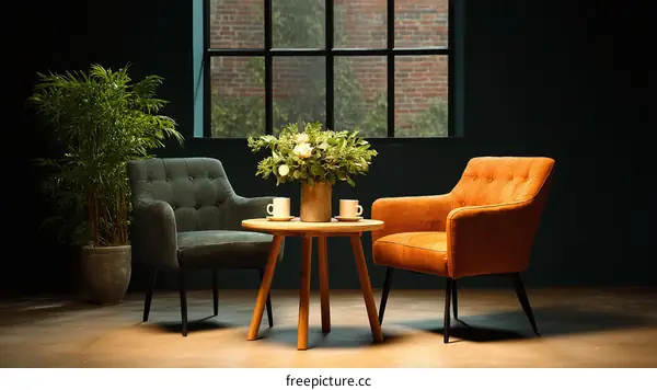 Modern Cozy Living Room with Two Armchairs and Coffee Table