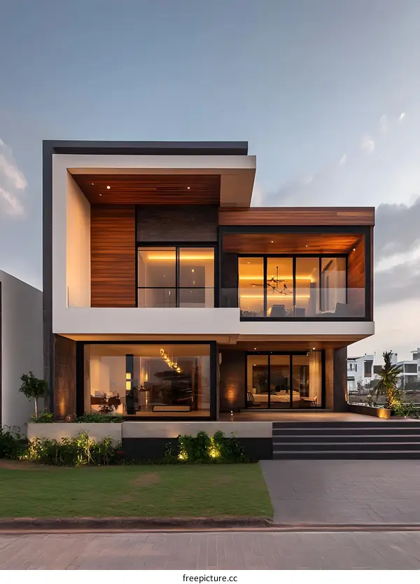 Modern Minimalist House with Wooden Facade and Large Windows