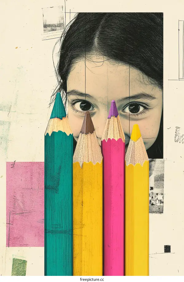 A Child with Colored Pencils Collage Art
