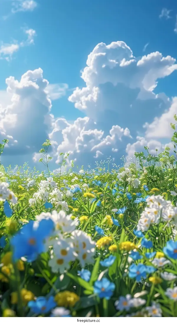 Beautiful Spring Meadow with Colorful Flowers and a Clear Sky