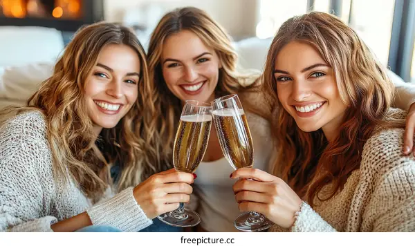 Three Caucasian Women Celebrating with Champagne